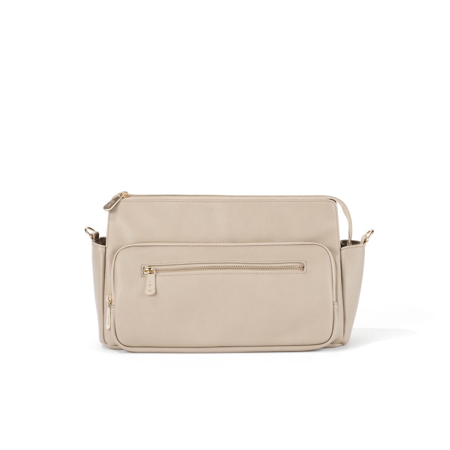 OiOi Pram caddy in oat vegan leather with spacious compartments - closed side
