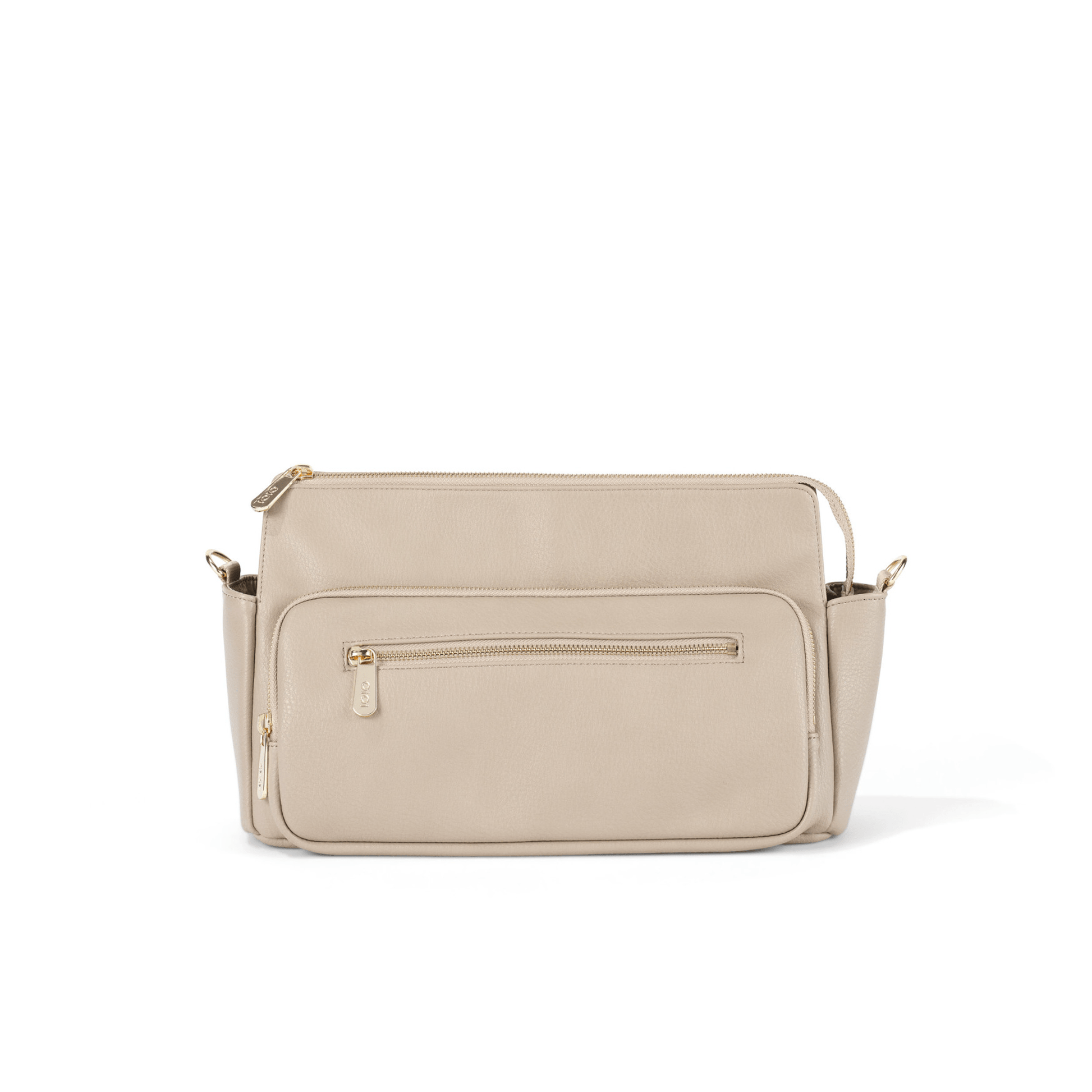 OiOi Pram caddy in oat vegan leather with spacious compartments - closed side