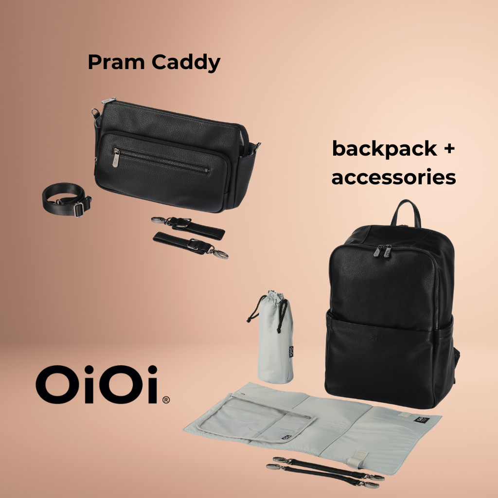 Pram caddy strap and clips with oioi backpack vegan leather change mat drink accessory and clips straps