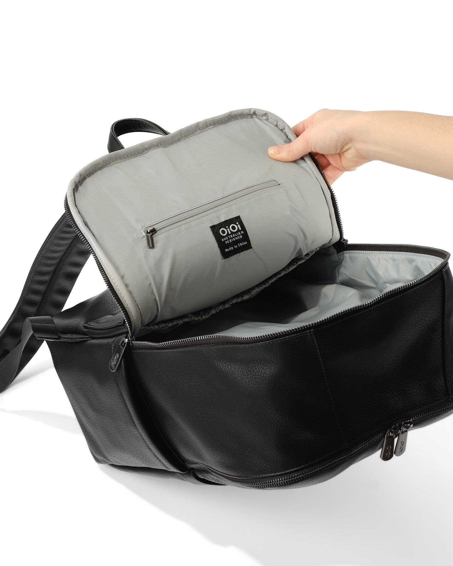 Oi Oi black dimple faux leather nappy bag backpack for modern parents - open back