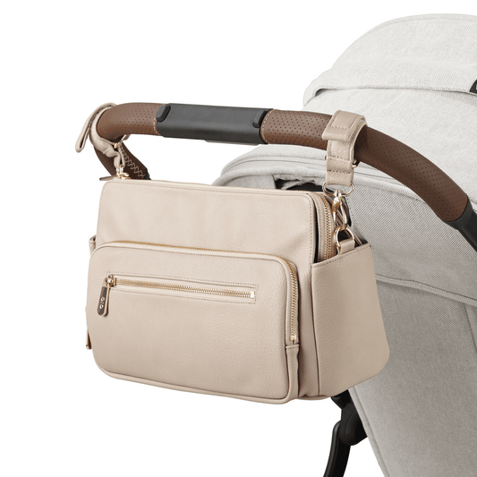 OiOi pram caddy in oat vegan leather with spacious compartments - pram closed basic