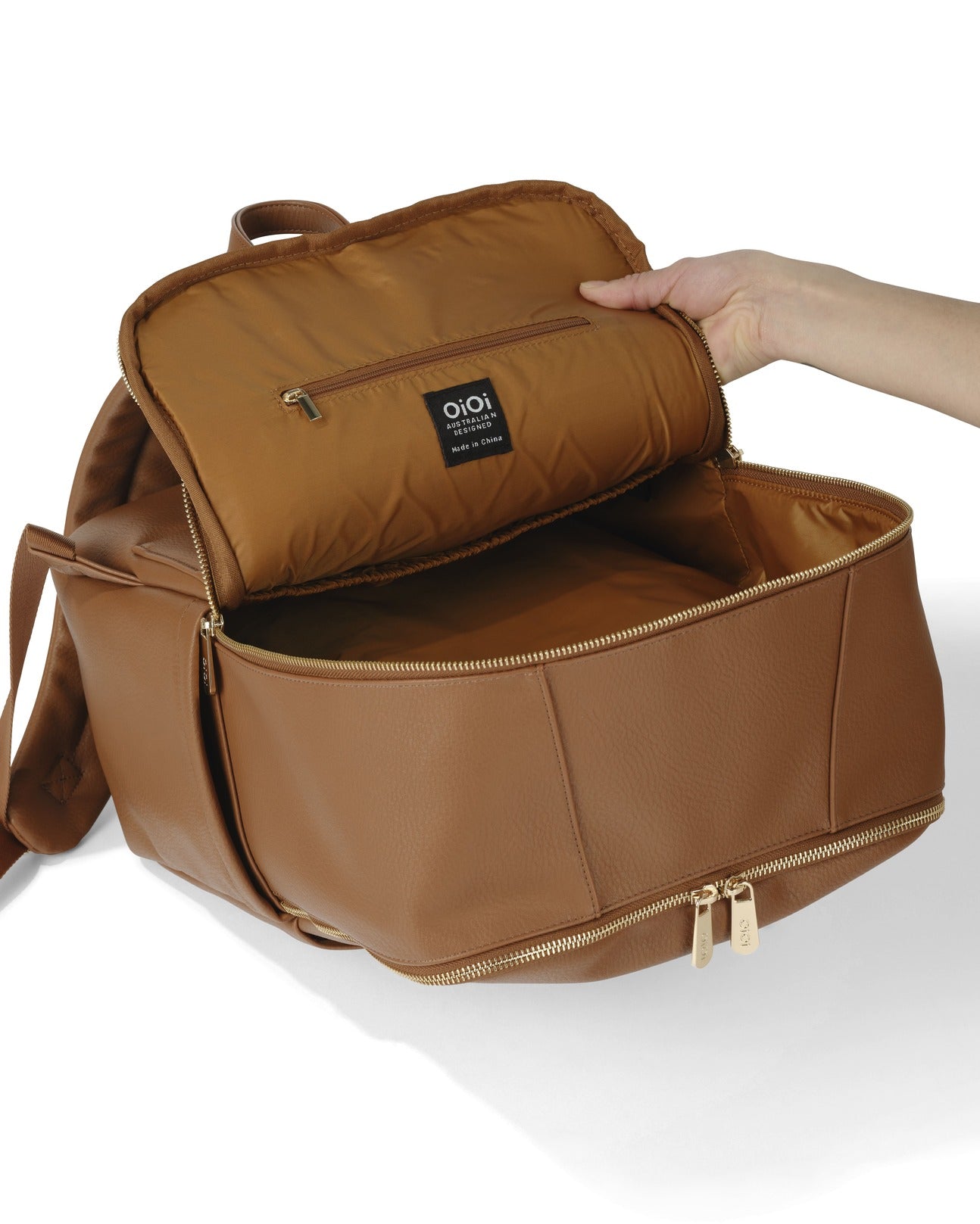 Oi Oi chestnut leather nappy bag backpack for modern parents - open back